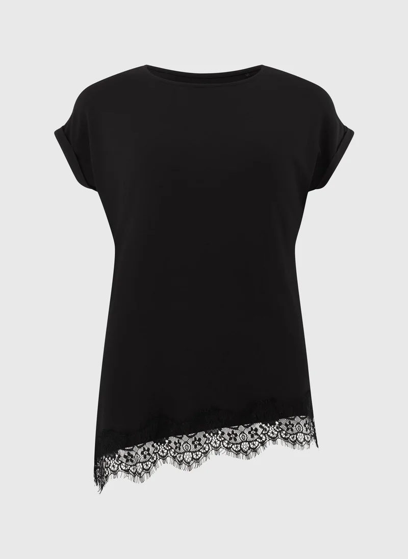 Matalan Black Black Asymmetric Lace Trim T-Shirt for Women | Best Price UAE